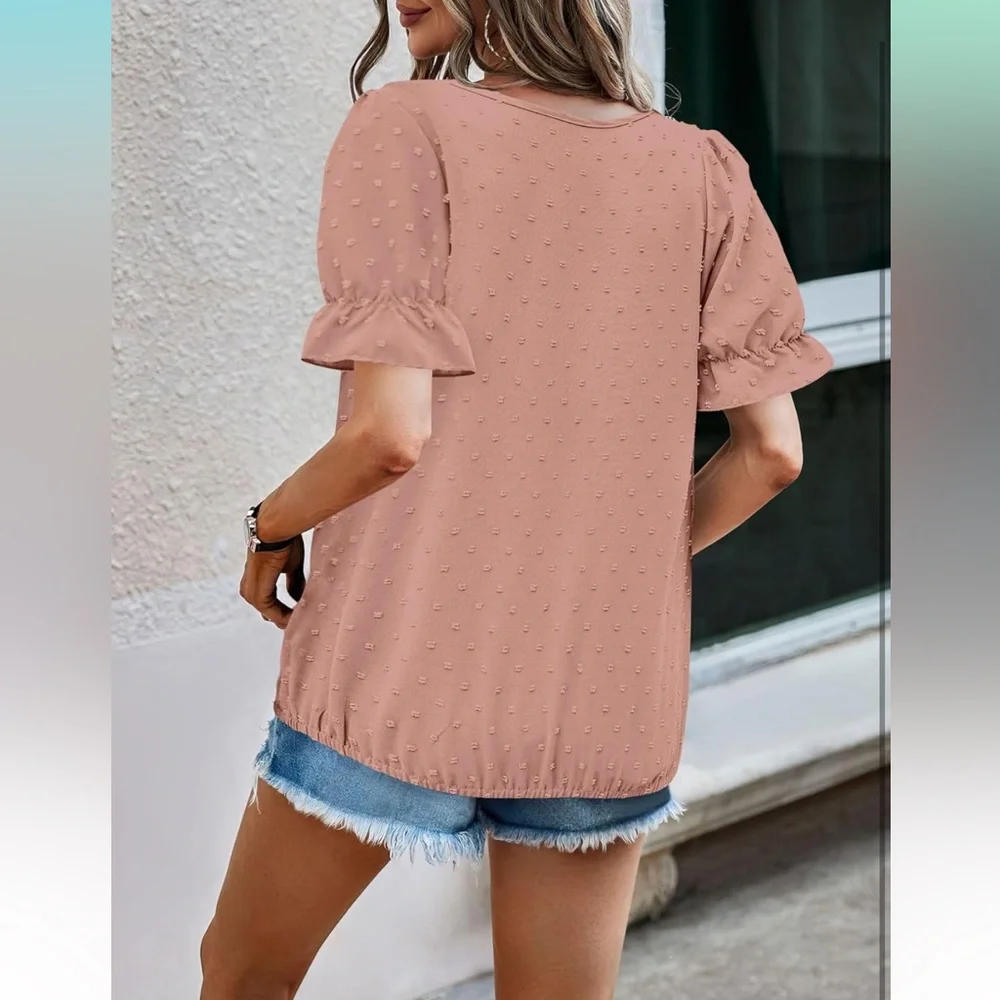 NWT Tops Short/Long Sleeve V Neck Chiffon Blouses Dressy Casual Pom Poms Shirt